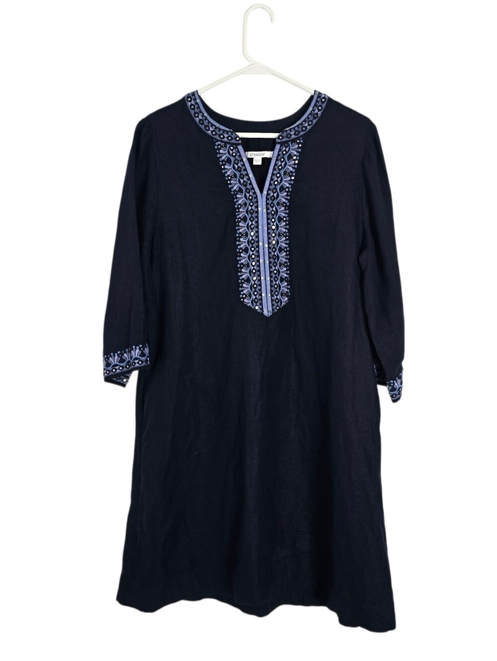 Chico's Navy Blue Embroidered Beaded Linen Tunic Dress Boho Size 1 US 8 Pockets - Picture 2 of 15